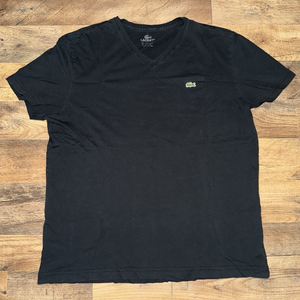Lacoste Black Short Sleeve V-Neck Tee with Green Crocodile Logo